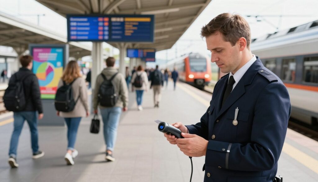 A modern ticket inspector standing at a train station platform in Poland, wearing smart, professional attire, and holding a ticket scanner. The foreground captures the inspector in a focused pose, scanning tickets as commuters pass by. In the middle ground, a busy train station bustling with passengers can be seen, with colorful advertisements and train schedules displayed on electronic boards. In the background, a train is arriving at the platform, creating a sense of motion. The setting is bathed in natural daylight, with bright, crisp lighting, creating an optimistic and professional atmosphere. The angle is slightly low, emphasizing the inspector's authority and the hustle of the station. No text or branding should be visible. A modern ticket inspector standing at a train station platform in Poland, wearing smart, professional attire, and holding a ticket scanner. The foreground captures the inspector in a focused pose, scanning tickets as commuters pass by. In the middle ground, a busy train station bustling with passengers can be seen, with colorful advertisements and train schedules displayed on electronic boards. In the background, a train is arriving at the platform, creating a sense of motion. The setting is bathed in natural daylight, with bright, crisp lighting, creating an optimistic and professional atmosphere. The angle is slightly low, emphasizing the inspector's authority and the hustle of the station. No text or branding should be visible.