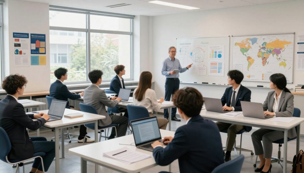 A modern university classroom filled with students attentively engaged in learning. In the foreground, a diverse group of students in professional business attire are seated at desks with laptops open, actively participating in a discussion. In the middle ground, a knowledgeable professor stands at a whiteboard, explaining concepts, surrounded by academic materials like books and charts. The background features large windows allowing natural light to flood the room, creating a vibrant and inviting atmosphere. The walls are adorned with educational posters and a world map. The overall mood is focused and collaborative, embodying the essence of full-time studies (studia dzienne), emphasizing engagement and academic growth. The scene is captured with a wide-angle lens, highlighting the interconnectedness of the space.