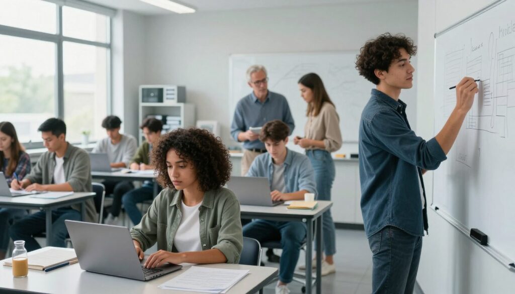 A modern vocational school classroom filled with diverse students engaged in practical learning. In the foreground, a young woman with curly hair and a focused expression is working on a laptop, while a male student in a smart casual outfit draws on a whiteboard. The middle ground features a teacher guiding a small group discussing a project, surrounded by educational materials and equipment relevant to various professions. The background shows large windows allowing natural light to flood the room, creating a vibrant and inviting atmosphere. The overall mood is one of inspiration and active learning, with cool, soft tones that evoke a sense of possibility and professionalism. The image should capture a sense of collaboration and the dynamic environment of a post-secondary vocational school. A modern vocational school classroom filled with diverse students engaged in practical learning. In the foreground, a young woman with curly hair and a focused expression is working on a laptop, while a male student in a smart casual outfit draws on a whiteboard. The middle ground features a teacher guiding a small group discussing a project, surrounded by educational materials and equipment relevant to various professions. The background shows large windows allowing natural light to flood the room, creating a vibrant and inviting atmosphere. The overall mood is one of inspiration and active learning, with cool, soft tones that evoke a sense of possibility and professionalism. The image should capture a sense of collaboration and the dynamic environment of a post-secondary vocational school.