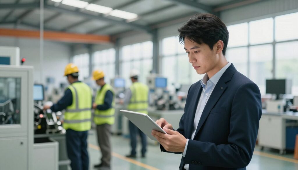 A production manager in a modern factory setting, engaged in overseeing operations. In the foreground, a focused individual in professional business attire is examining production schedules on a sleek tablet. The middle ground features machinery and workers in safety gear, collaborating seamlessly. The background depicts a spacious factory with bright overhead lighting, emphasizing a clean and efficient work environment. The atmosphere conveys a sense of responsibility and leadership, with an air of organization and productivity. Natural light filters through large windows, casting soft shadows and creating an inviting yet industrious ambiance. The image captures the essence of managerial duties in a vibrant industrial setting, free from any text or distractions.