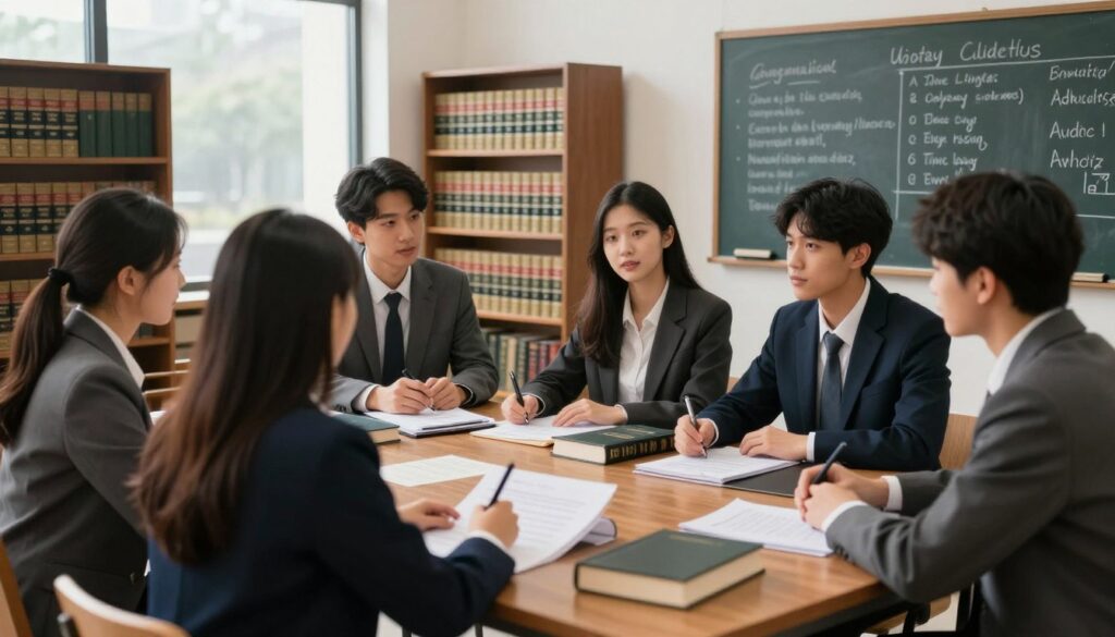 A professional and educational scene illustrating the foundations of legal studies in a university setting. In the foreground, a diverse group of students in business attire are engaged in a discussion around a wooden table covered with law textbooks and legal documents. The middle ground features shelves lined with books on legal principles and law history, creating an academic ambiance. In the background, a large window allows natural light to flood the room, illuminating a chalkboard filled with key legal concepts and timelines. The atmosphere is focused and studious, conveying the importance of legal foundations in unified master's studies. Soft, warm lighting enhances the inviting environment, while a slight depth of field keeps the focus on the students and their materials.