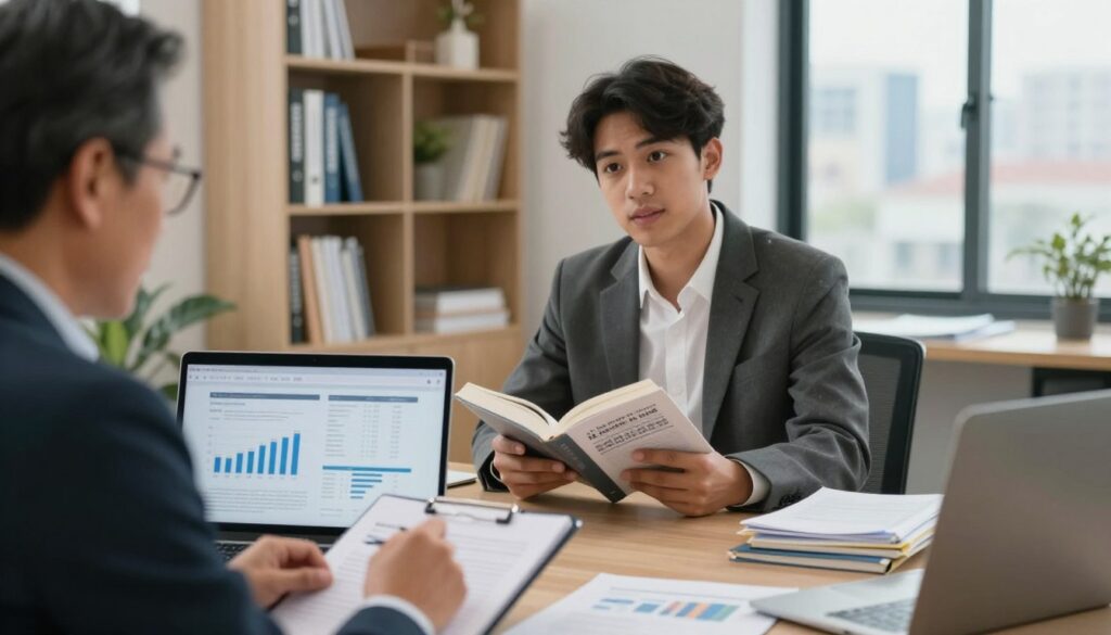 A professional and engaging office scene depicting a financial advisor discussing educational expenses with a young entrepreneur in business attire. In the foreground, the advisor, a middle-aged individual with glasses and a notepad, gestures towards a laptop displaying graphs and tax forms. The middle layer features the entrepreneur, a young person of diverse ethnicity, listening attentively, holding a textbook on finance. The background shows a well-organized workspace with bookshelves filled with finance literature and a window revealing a bustling cityscape. Soft, natural lighting filters in, creating a warm and inviting atmosphere, emphasizing collaboration and professionalism. The focus is on the interaction and financial planning aspects, reflecting the theme of tax deductions for educational expenses.