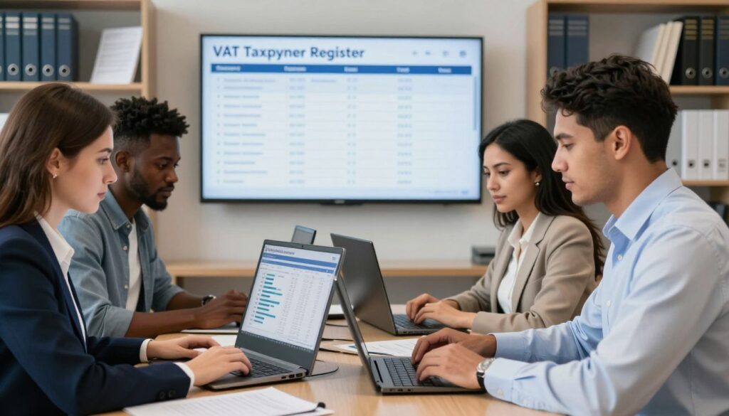 A professional and well-organized office space illustrating a scene focused on VAT taxpayer verification. In the foreground, a diverse group of four professionals, including a Caucasian woman in a business suit, a Black man in smart casual attire, a Middle-Eastern woman wearing a blazer, and a Hispanic man in a dress shirt, are intently interacting with electronic devices and papers displaying charts and numerical data. The middle ground features a large wall-mounted screen showing a digital list labeled "VAT Taxpayer Register." In the background, soft-focus shelves filled with legal documents and books create an atmosphere of diligence and professionalism. The lighting is bright and even, enhancing the clarity of details, creating a focused and serious mood that reflects the importance of accurate taxpayer verification.
