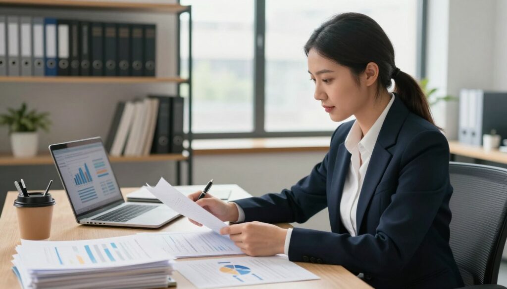 A professional auditor in a modern office setting, meticulously reviewing financial statements and documents, surrounded by stacks of paperwork and a laptop displaying graphs and charts. The foreground features a focused individual in smart business attire, a woman with a confident demeanor, analyzing reports with a pen in hand. The middle ground shows a well-organized desk with a coffee cup and office supplies, while the background has shelves filled with accounting books and a large window allowing natural light to stream in, creating a bright and motivational atmosphere. The scene is illuminated by soft, warm lighting to convey professionalism and focus, capturing the essence of becoming a certified auditor through dedication and expertise.