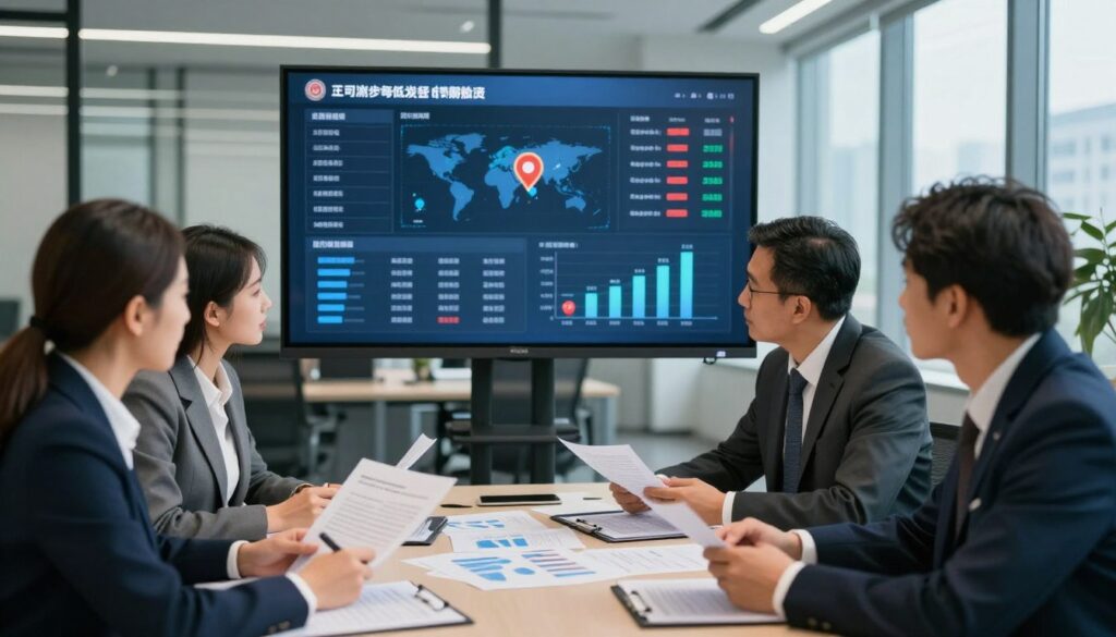 A professional business meeting scene depicting an analysis of foreign business partners. In the foreground, a diverse group of businesspeople in professional attire are gathered around a table, intensely discussing documents and graphs that illustrate company statuses. In the middle ground, a large digital screen displays real-time data and infographics related to company verification processes, along with highlighted markers for active, suspended, and deleted statuses. The background features a modern office environment with glass walls and city views, illuminated by soft, natural lighting from large windows. The mood is focused and analytical, emphasizing the importance of thorough verification in international business dealings. A professional business meeting scene depicting an analysis of foreign business partners. In the foreground, a diverse group of businesspeople in professional attire are gathered around a table, intensely discussing documents and graphs that illustrate company statuses. In the middle ground, a large digital screen displays real-time data and infographics related to company verification processes, along with highlighted markers for active, suspended, and deleted statuses. The background features a modern office environment with glass walls and city views, illuminated by soft, natural lighting from large windows. The mood is focused and analytical, emphasizing the importance of thorough verification in international business dealings.