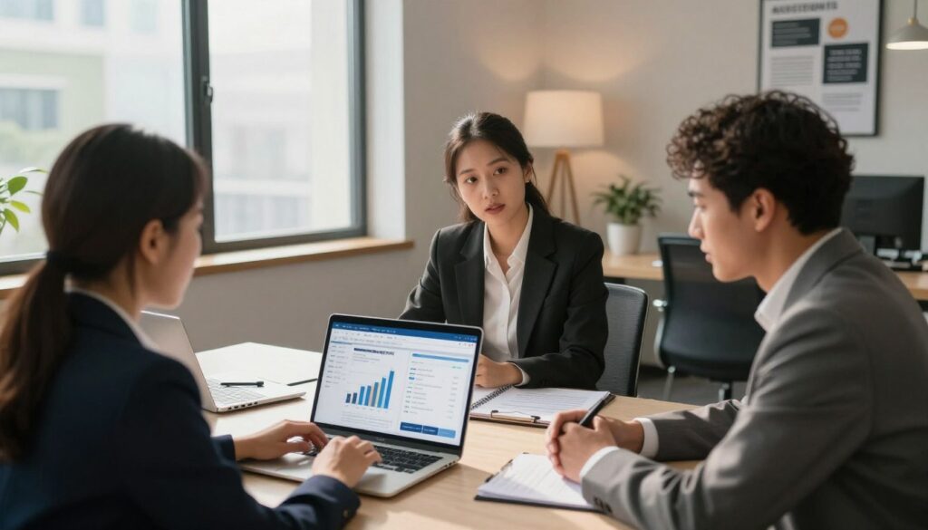 A professional business meeting scene focused on the verification of business entities, featuring a diverse group of three individuals, two men and one woman, dressed in formal business attire, deeply engaged in discussion. In the foreground, a well-organized desk with a laptop open to a digital interface displaying graphs and data related to business verification. In the middle, a large window allowing natural light to illuminate the room, casting soft shadows. The background reveals a modern office space with elegant decor and motivational posters, reinforcing the theme of business integrity. The mood is serious yet collaborative, conveying the importance of verifying business relationships. Lighting is warm and inviting, captured from a slightly elevated angle to include all elements harmoniously.