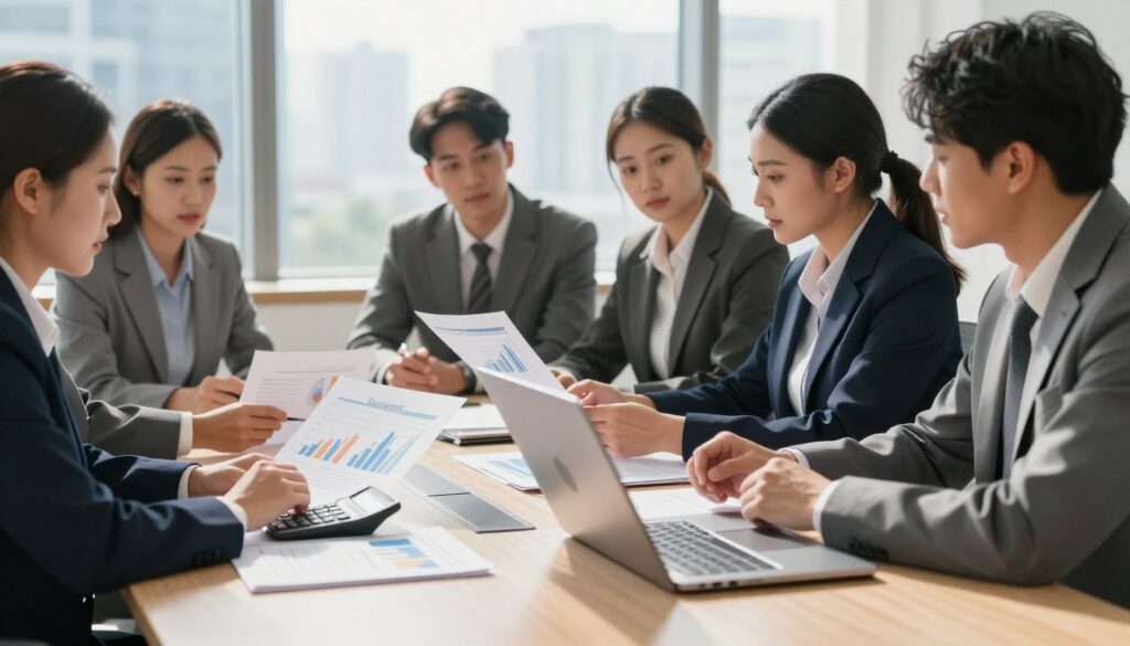 A professional business setting depicting a focused financial discussion. In the foreground, a modern conference table with a calculator, documents, and a sleek laptop, emphasizing the theme of salary calculations. In the middle, a diverse group of five professionals in business attire, engaged in conversation, examining charts and graphs representing salary structures. In the background, a large window with cityscape views, bathed in natural daylight, creating a productive atmosphere. Soft shadows enhance depth, while a warm color palette conveys a sense of professionalism and clarity. The scene captures the mechanics of salary determination based on the base amount, highlighting focus and collaboration in decision-making.