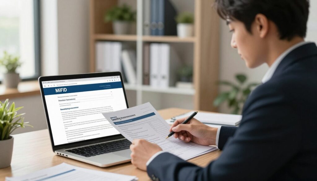 A professional business setting featuring a desk with a laptop displaying a digital MiFID questionnaire and identity verification documents scattered around. In the foreground, a focused individual wearing smart business attire is reviewing the questionnaire, with a thoughtful expression on their face. The middle ground includes a modern office environment with a soft-focus background of shelves filled with financial books and decorative plants. Natural light pours in from a nearby window, casting a warm glow throughout the room. The atmosphere is serious yet optimistic, conveying the importance of financial responsibility and compliance. The overall composition should emphasize clarity and professionalism, suitable for an informative article.