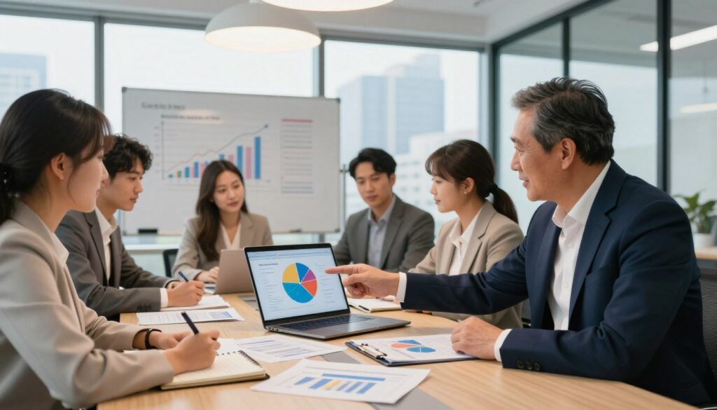 A professional business setting featuring a diverse group of individuals engaged in a discussion around financial documents on a contemporary conference table. In the foreground, a middle-aged man in a navy suit points at a colorful pie chart displayed on a laptop screen, while a young woman in a light blazer takes notes. The middle ground showcases printed financial reports and a large whiteboard with diagrams illustrating company turnover calculations. The background includes a well-lit office with large windows, providing a view of a city skyline, creating a bright and optimistic atmosphere. The lighting is warm and inviting, emanating from overhead lamps and the natural light filtering through the windows. The image conveys a mood of professionalism and collaboration in a modern entrepreneurial environment.