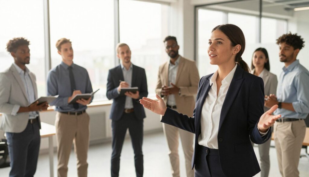 A professional business setting showcasing a diverse group of sales professionals in dynamic poses, emphasizing key competencies that increase income. In the foreground, a confident female sales executive in a tailored suit gestures enthusiastically as she presents strategies to her colleagues. In the middle ground, a male sales professional takes notes, while a diverse group engages in animated discussion, showcasing collaboration and teamwork. The background features a modern office with large windows letting in warm, natural light, creating an inviting atmosphere. Soft shadows enhance the depth, and the lens captures the scene from a slightly elevated angle, suggesting perspective and engagement. The overall mood is energetic, focused, and motivational, illustrating the importance of essential sales competencies for success.