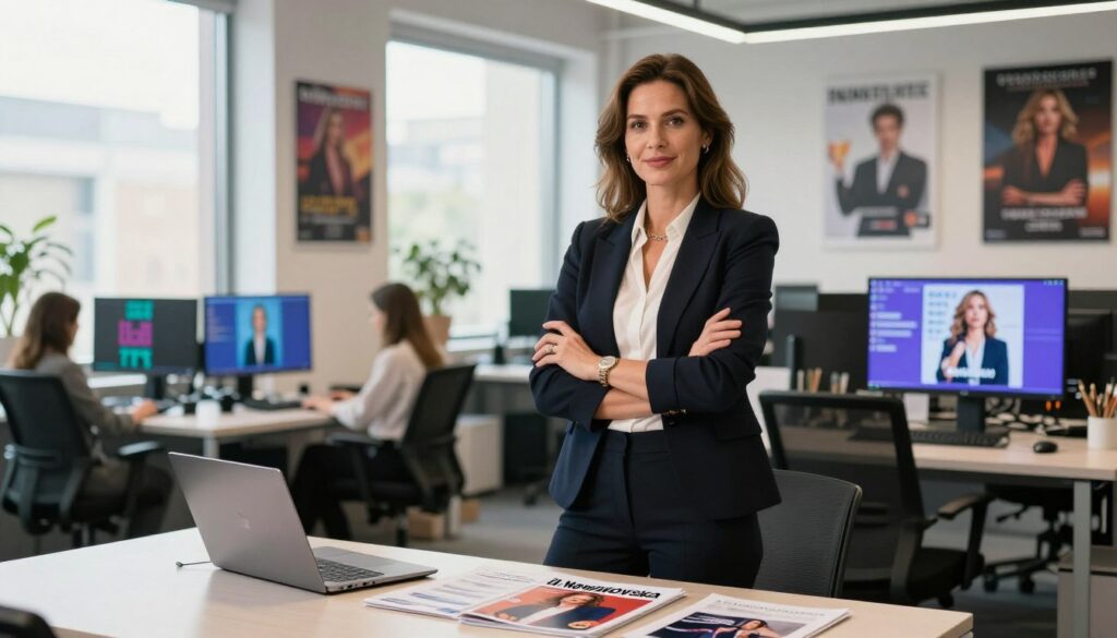 A professional female figure representing Ida Nowakowska, dressed in elegant business attire, standing confidently in a modern advertising agency office filled with promotional materials and digital screens showcasing her past successful advertising campaigns. In the foreground, a table with marketing brochures and a laptop is visible, reflecting a collaborative atmosphere. The middle ground features a bright and airy workspace with large windows allowing natural light to flood in, creating a vibrant and creative environment. The background includes posters of various brands she has worked with, emphasizing her influence in advertising. The scene conveys a mood of success, innovation, and professionalism, captured with a soft focus that highlights the subject, using warm lighting to evoke a sense of optimism.