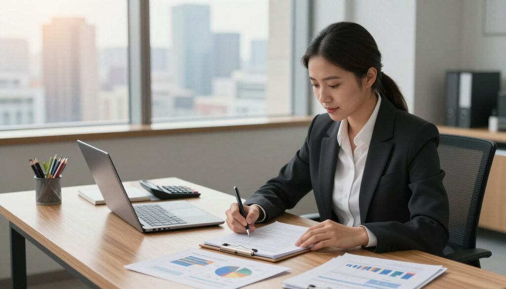A professional financial advisor working diligently in a modern office setting, surrounded by financial charts, graphs, and documents symbolizing challenges and benefits of self-employment. The foreground features the advisor, a well-dressed individual in business attire, engaged in a task with a focused expression. In the middle ground, display a sleek wooden desk with a laptop, calculators, and a notepad filled with notes. The background includes a large window showcasing a city skyline, bathed in warm, soft natural lighting that creates a motivating atmosphere. The overall mood should be one of determination and optimism, reflecting the dual nature of the profession. Use a slightly elevated camera angle to capture the space effectively.