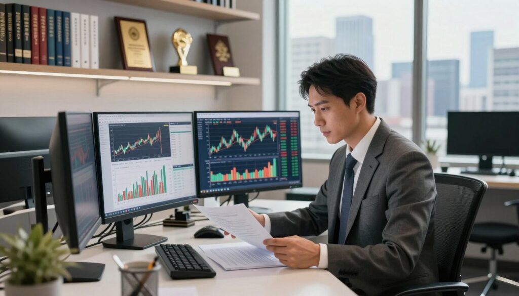 A professional financial advisor's workspace, filled with charts and graphs displaying stock market trends. In the foreground, a focused individual in a tailored business suit reviews documents on a sleek desk, surrounded by high-tech computer screens. The middle ground showcases shelves with financial books and awards, symbolizing expertise and success. The background features a large window with a panoramic view of a bustling city skyline, emphasizing the fast-paced financial market. Soft, natural light streams in, creating an atmosphere of professionalism and ambition. The composition should evoke determination and trustworthiness, illustrating the professional requirements and qualifications for a financial broker's career. Capture this scene from a slightly elevated angle to offer a comprehensive view of the workspace.