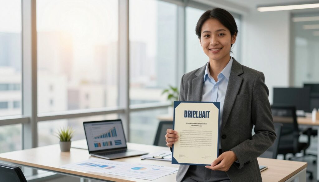 A professional financial analyst in a modern office, standing confidently with a certification diploma in hand. The foreground features the analyst, a diverse individual in business attire, smiling and looking directly at the viewer. In the middle, a sleek desk cluttered with financial reports, charts, and a laptop showcasing graphs. The background displays large windows with a cityscape view, light streaming in, creating a bright atmosphere that signifies success and growth. The lighting is warm and inviting, enhancing the mood of achievement and professionalism. Soft focus on the background, highlighting the analyst and certification in the foreground.