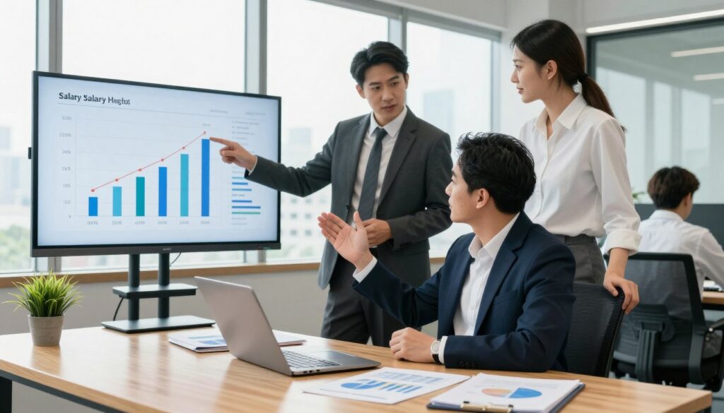 A professional indoor office scene depicting key factors influencing salary heights. In the foreground, a neatly arranged wooden desk holds a laptop, financial reports, and a small potted plant. In the middle ground, a diverse group of two professionals in smart business attire (one man, one woman) engage in a discussion, gesturing towards a graph displayed on a digital screen showing salary trends and factors like experience, location, and education. The background features a modern office environment with large windows letting in bright, natural light, showcasing a cityscape. The atmosphere is focused and collaborative, emphasizing the analytical side of salary determination. Ensure clarity and detail in expressions and surroundings.