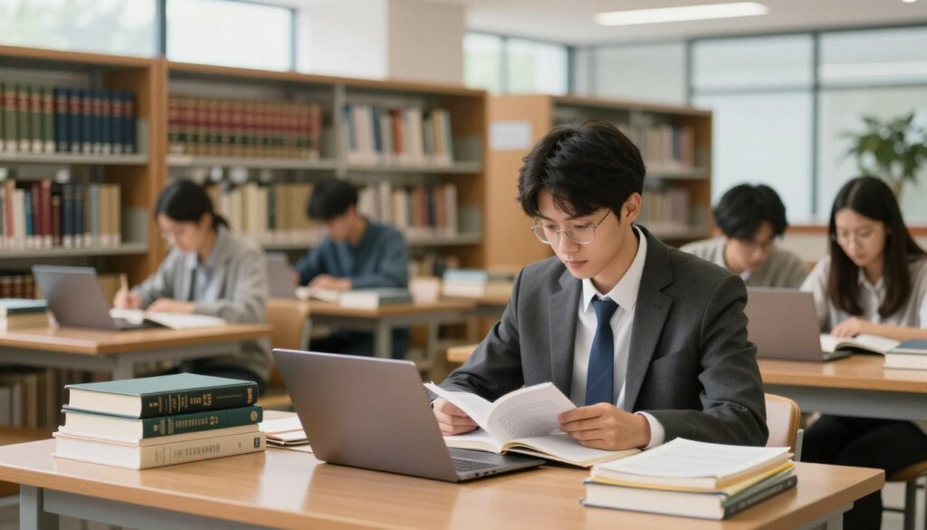 A professional law student studying diligently in a well-lit university library. In the foreground, a young adult wearing business attire is seated at a study table piled with books, notebooks, and a laptop, deeply immersed in reading. The middle ground features shelves lined with legal textbooks and resources, with a few students studying nearby in a collaborative setting. In the background, large windows allow natural light to illuminate the space, casting soft shadows. The atmosphere is focused and serene, emphasizing determination and commitment to studies. Use a warm color palette to evoke a welcoming yet academic mood, with a shallow depth of field to draw attention to the student’s concentration.