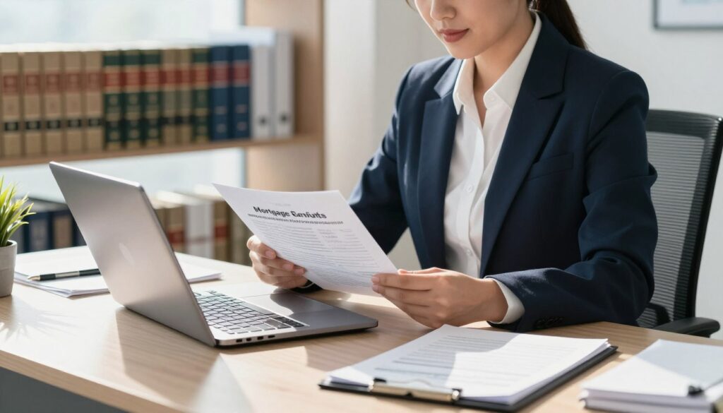 A professional mortgage advisor in a modern office setting, seated at a sleek desk with a laptop open, reviewing financial documents. The advisor is dressed in a sharp business suit, exuding professionalism and confidence. In the background, a shelf filled with legal books and mortgage brochures indicates a focus on financial advisement. Bright, natural light streams in from a large window, illuminating the space with a warm glow while casting soft shadows. The atmosphere is serious yet inviting, reflecting the complexity and importance of legal and cost issues related to mortgage services. The angle is slightly elevated, providing a comprehensive view of the workspace, emphasizing the advisor's role in guiding clients through intricate financial decisions. A professional mortgage advisor in a modern office setting, seated at a sleek desk with a laptop open, reviewing financial documents. The advisor is dressed in a sharp business suit, exuding professionalism and confidence. In the background, a shelf filled with legal books and mortgage brochures indicates a focus on financial advisement. Bright, natural light streams in from a large window, illuminating the space with a warm glow while casting soft shadows. The atmosphere is serious yet inviting, reflecting the complexity and importance of legal and cost issues related to mortgage services. The angle is slightly elevated, providing a comprehensive view of the workspace, emphasizing the advisor's role in guiding clients through intricate financial decisions.