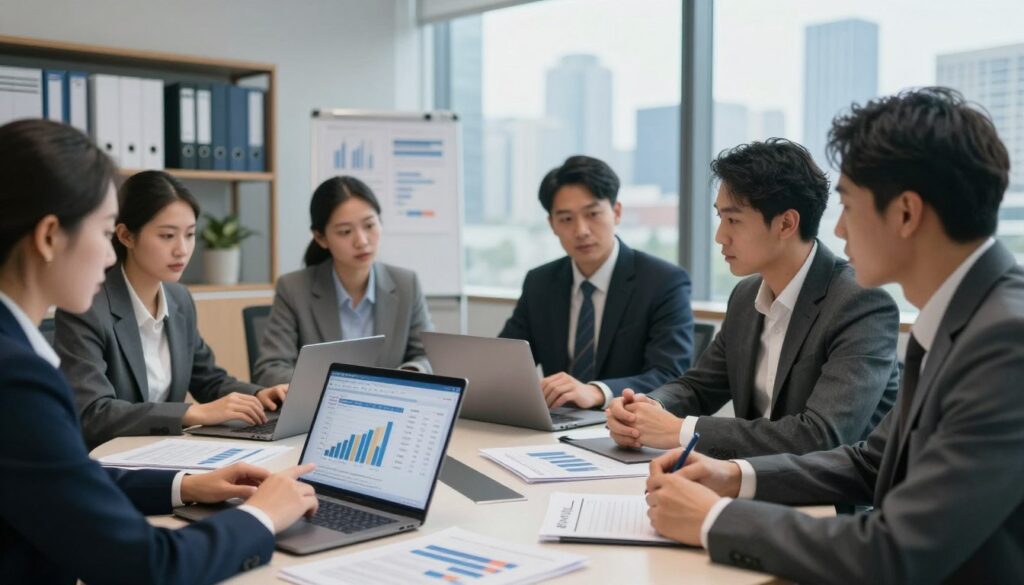 A professional office environment depicting a detailed scene of economic information analysis. In the foreground, a diverse group of business professionals, dressed in smart attire, are gathered around a conference table with laptops and documents spread out. One person points at a digital chart showing debt information from a Business Information Bureau, capturing their focused expressions. In the middle, an open laptop displays graphs and numbers related to company credit and debts, while papers with charts are scattered nearby. In the background, shelves lined with financial reports and a large window showcasing a city skyline bathed in soft, natural light. The atmosphere is serious and analytical, evoking a sense of trust and diligence in business assessment.