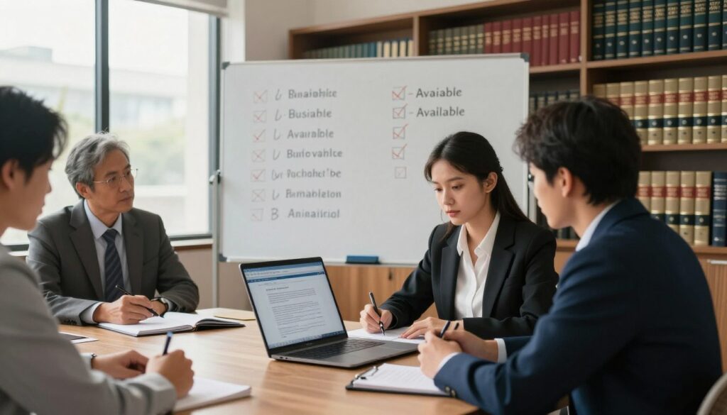 A professional office environment featuring a diverse group of business people engaged in a meeting. In the foreground, a focused young woman in business attire examines a laptop screen displaying a legal database, while a middle-aged man beside her takes notes on a notepad. In the middle, a large whiteboard lists various company names with checkmarks next to available ones. The background showcases bookshelves filled with legal books and a large window letting in natural daylight, casting a warm glow across the room. The atmosphere is one of collaboration and concentration, emphasizing the importance of checking business name availability in legal databases. The scene captures a moment of brainstorming and decision-making, reflecting professionalism and diligence in the naming process. A professional office environment featuring a diverse group of business people engaged in a meeting. In the foreground, a focused young woman in business attire examines a laptop screen displaying a legal database, while a middle-aged man beside her takes notes on a notepad. In the middle, a large whiteboard lists various company names with checkmarks next to available ones. The background showcases bookshelves filled with legal books and a large window letting in natural daylight, casting a warm glow across the room. The atmosphere is one of collaboration and concentration, emphasizing the importance of checking business name availability in legal databases. The scene captures a moment of brainstorming and decision-making, reflecting professionalism and diligence in the naming process.