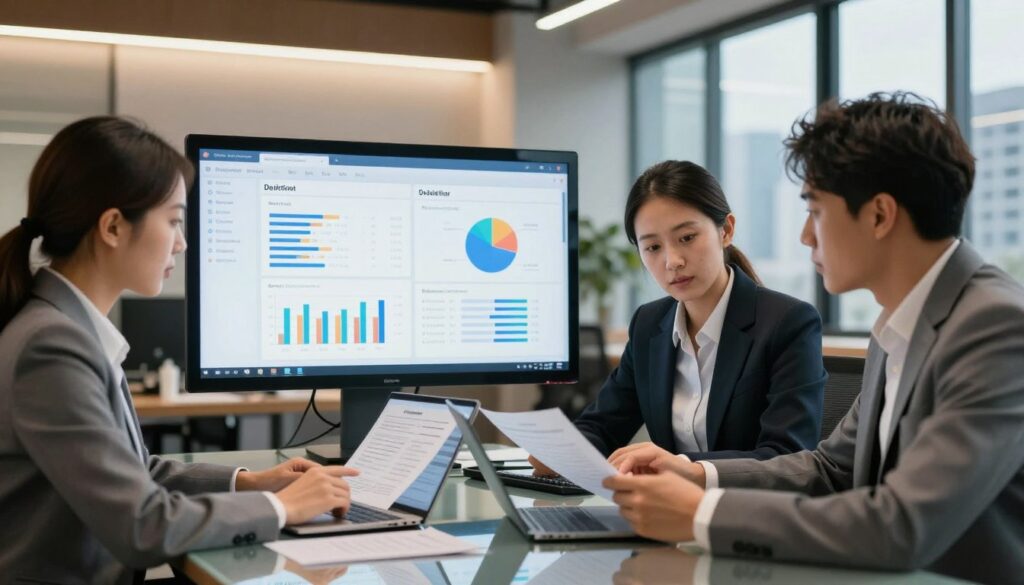 A professional office environment focused on verifying business partners. In the foreground, a diverse group of three business professionals, dressed in smart attire, is gathered around a sleek glass table, examining documents and digital devices, displaying expressions of concentration and collaboration. The middle ground features a large computer screen showing a dashboard with charts and graphs related to debt and credit verification; these elements convey a sense of analytical rigor. In the background, an office with modern decor, warm lighting, and a large window revealing a city skyline, adds to the professional ambiance. The overall mood is one of diligence and trust, emphasizing the seriousness of business verification processes.
