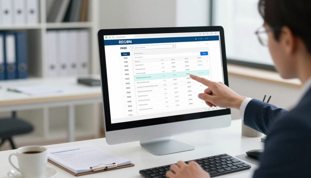 A professional office environment showcasing a detailed view of a computer screen displaying the REGON database interface, where codes for business activities (PKD) are being searched. In the foreground, a business professional in formal attire, focused on the screen, points to the relevant PKD codes highlighted in the search results. The middle section includes the sleek modern desk, a notepad with notes on company registration, and a cup of coffee. The background features a well-lit office with blurred shelving holding business books and documents, conveying a sense of professionalism and efficiency. The lighting is bright and evenly distributed, suggesting a productive atmosphere, captured from a slightly angled perspective for a dynamic composition. A professional office environment showcasing a detailed view of a computer screen displaying the REGON database interface, where codes for business activities (PKD) are being searched. In the foreground, a business professional in formal attire, focused on the screen, points to the relevant PKD codes highlighted in the search results. The middle section includes the sleek modern desk, a notepad with notes on company registration, and a cup of coffee. The background features a well-lit office with blurred shelving holding business books and documents, conveying a sense of professionalism and efficiency. The lighting is bright and evenly distributed, suggesting a productive atmosphere, captured from a slightly angled perspective for a dynamic composition.
