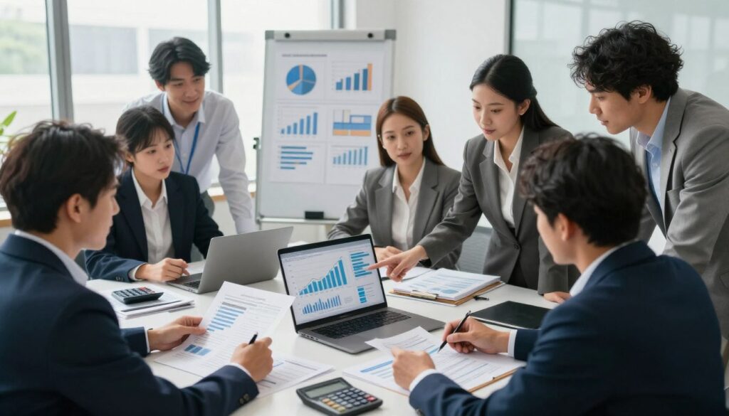 A professional office environment with a focus on financial analysis. In the foreground, a diverse group of businesspeople in professional attire are engaged in discussion, examining financial reports and charts. One individual points at a large graph on a laptop screen, conveying a sense of collaboration and analysis. In the middle ground, a whiteboard filled with diagrams and figures related to revenue estimation can be seen, surrounded by desks cluttered with documents and calculators. The background features large windows with soft, natural lighting streaming in, creating an optimistic atmosphere. The composition is from a slightly elevated angle, providing a clear view of the action and interactions, emphasizing the importance of teamwork in business assessment.