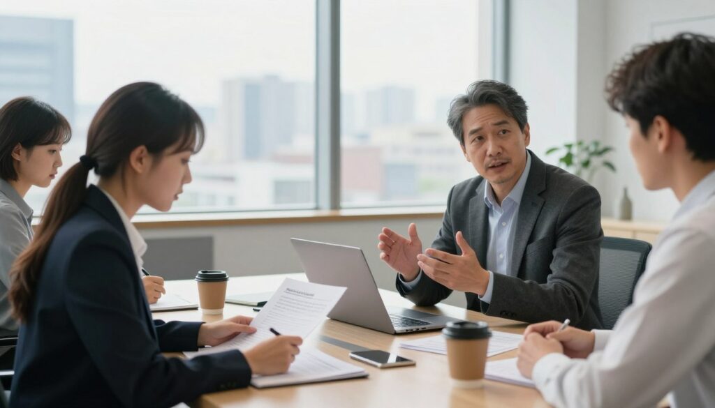 A professional office scene depicting a diverse group of individuals engaged in a discussion about employment benefits and work experience qualifications. In the foreground, a young woman in a business suit is analyzing documents, while a middle-aged man in a smart blazer gestures as he explains something. The middle ground shows a modern conference table with a laptop, papers, and coffee cups, symbolizing a collaborative environment. The background features a large window with soft, natural light streaming in, illuminating a city skyline, hinting at the bustling professional world outside. The atmosphere is focused and serious, reflecting the importance of understanding work experience in relation to educational qualifications.