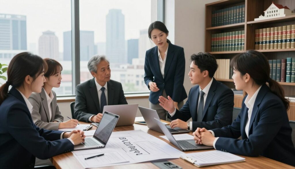 A professional office setting depicting a group of individuals discussing legal requirements for real estate development. In the foreground, a diverse team of four professionals dressed in smart business attire—two men and two women—are gathered around a wooden conference table cluttered with blueprints, legal documents, and modern laptops. The middle ground features a large window showcasing a city skyline, providing a bright yet soft natural light that bathes the room. The background includes shelves filled with law books and architectural models, enhancing the ambiance of expertise and professionalism. The atmosphere is focused and collaborative, emphasizing the seriousness of legal compliance in the real estate development process. Capture this scene with a balanced composition, using a wide-angle lens to emphasize the collaborative nature of the meeting.
