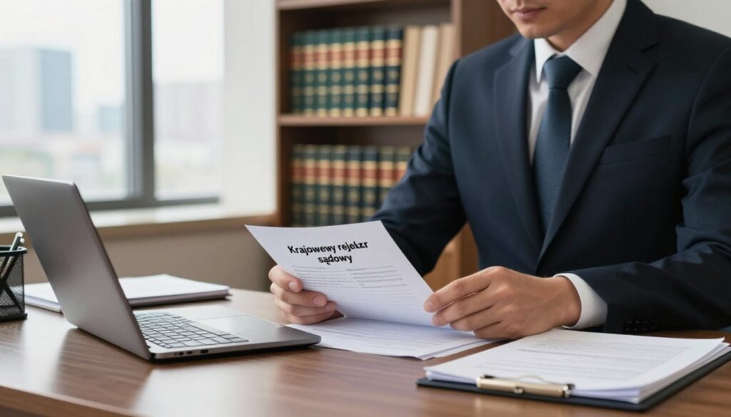 A professional office setting focused on the concept of "Krajowy rejestr sądowy". In the foreground, an authoritative figure in business attire analyzes documents on a sleek desk, surrounded by files and a laptop. The middle ground features a bookshelf filled with legal texts and business law references, emphasizing the theme of company verification. In the background, a large window offers a view of a cityscape, symbolizing corporate environments. The lighting is bright and warm, creating a serious yet inviting atmosphere. A shallow depth of field focuses on the figure and documents, adding a sense of intimacy and importance to the act of verifying company statuses within the legal framework. A professional office setting focused on the concept of "Krajowy rejestr sądowy". In the foreground, an authoritative figure in business attire analyzes documents on a sleek desk, surrounded by files and a laptop. The middle ground features a bookshelf filled with legal texts and business law references, emphasizing the theme of company verification. In the background, a large window offers a view of a cityscape, symbolizing corporate environments. The lighting is bright and warm, creating a serious yet inviting atmosphere. A shallow depth of field focuses on the figure and documents, adding a sense of intimacy and importance to the act of verifying company statuses within the legal framework.