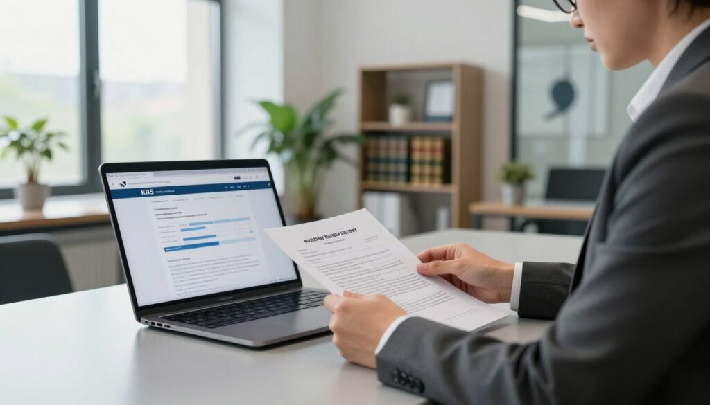 A professional office setting focusing on the verification process of a company's legal status in the Krajowy Rejestr Sądowy. In the foreground, a business person wearing a tailored suit is intently studying official documents on a sleek desk, with a laptop displaying a KRS website and charts reflecting company analytics. The middle ground features a large window with natural light pouring in, highlighting potted plants and a minimalist bookshelf filled with law-related books. In the background, a modern office space with abstract art and glass partitions emphasizes the corporate atmosphere. The overall mood is focused and professional, suggesting diligence and care in checking a company's credibility. Soft, diffused lighting creates a calming yet serious ambiance, while a slight depth of field softens the background to draw attention to the foreground action.
