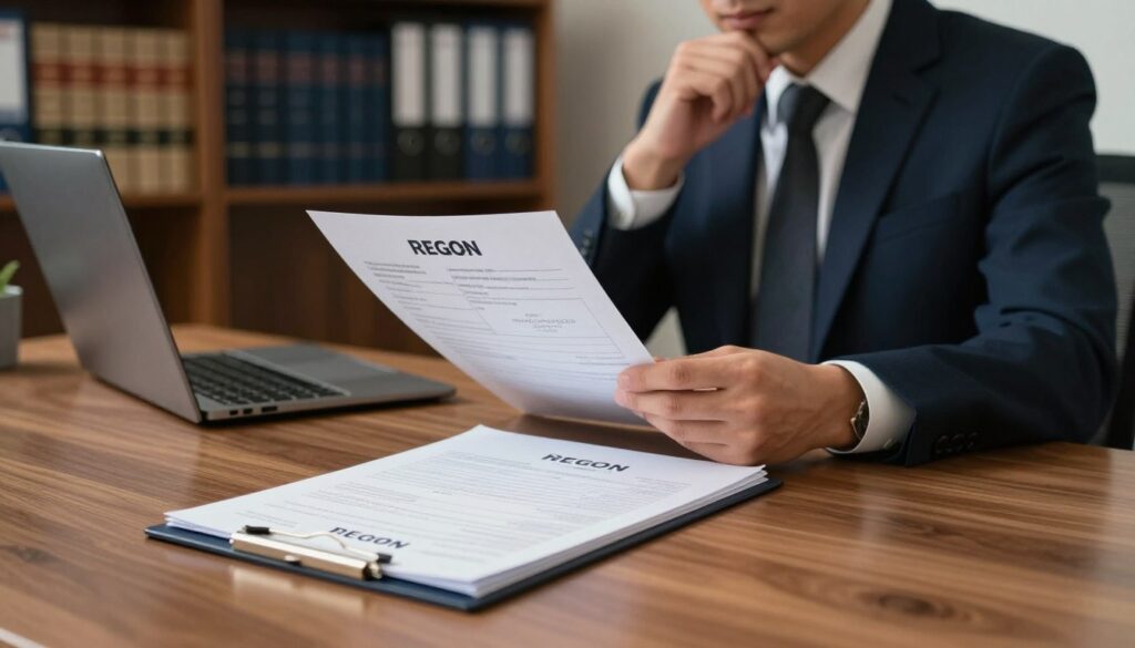 A professional office setting with a focus on the "REGON" registration document on a sleek wooden desk. In the foreground, the REGON document is prominently displayed, showcasing its official layout with identifiable elements like a unique registration number. In the middle ground, a businessperson in formal attire is examining the document with a thoughtful expression, highlighting the importance of identifying business entities. The background features shelves filled with legal books and binders, casting a scholarly atmosphere. Soft, ambient lighting creates a warm and inviting tone, with gentle shadows that add depth. The perspective is from an angle that captures both the document and the person, conveying a sense of diligence and professionalism in verifying business information.