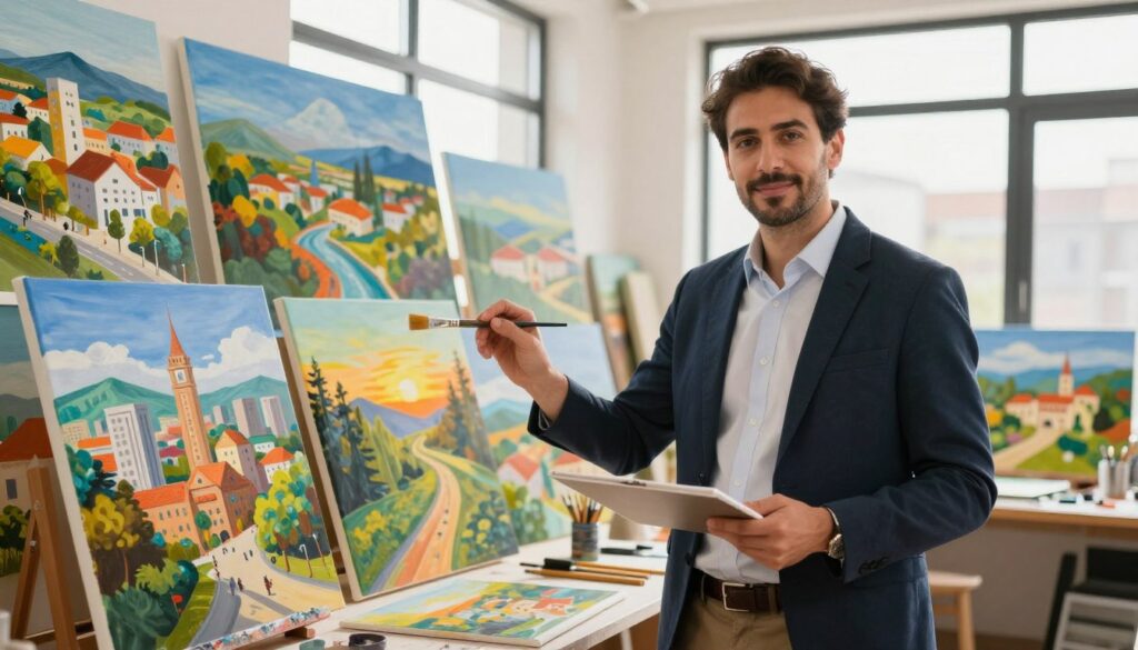 A professional painter in business attire, standing confidently with a paintbrush in hand, examining various canvas paintings in a bright, well-lit studio setting. The foreground features the painter engaged in their task, showcasing the artistry involved. In the middle ground, a variety of vibrant landscapes and urban scenes depict different localities, symbolizing the diverse income levels associated with each. The background displays large windows letting in natural sunlight, enhancing the creative atmosphere. The lighting is warm and inviting, highlighting the textures of the paintings and the focused expression on the painter's face. The mood is one of inspiration and professionalism, capturing the essence of artistry and local economic variations in the painting profession.