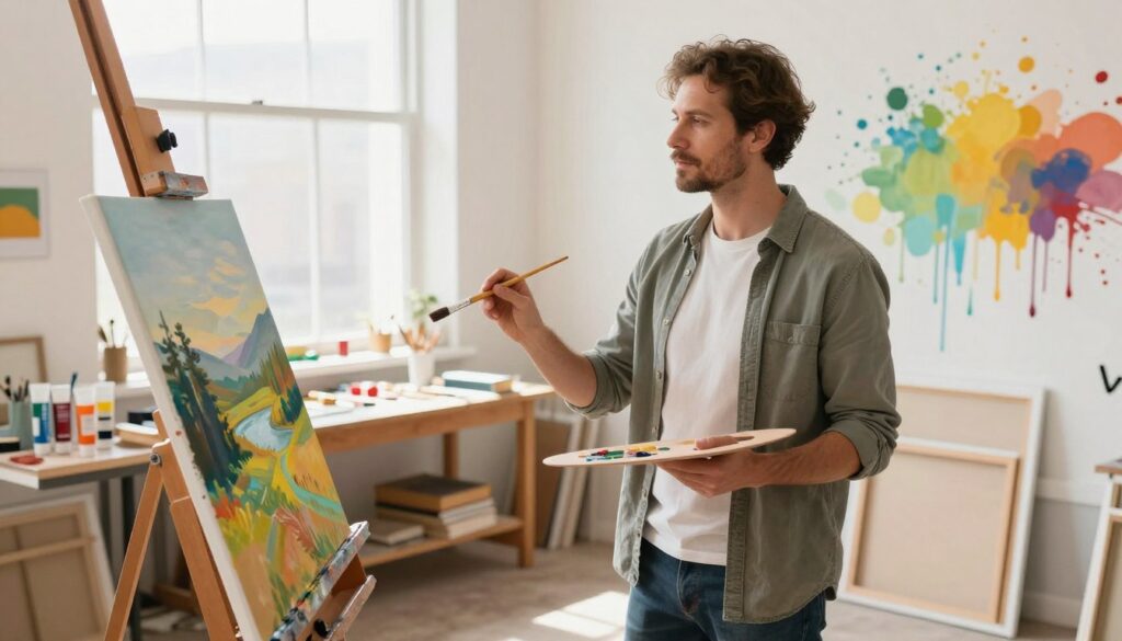 A professional painter standing confidently in a bright, well-lit studio, wearing modest casual clothing, holding a paintbrush and palette, surrounded by colorful splashes of paint on the walls. In the foreground, display an easel with a partially finished landscape painting, showcasing the artist's skill. In the middle, include a well-organized workspace featuring tools like paint tubes and a canvas. In the background, through a large window, let sunlight filter in, illuminating the scene, conveying a sense of creativity and determination. The atmosphere should feel inspiring and productive, highlighting the financial aspect of a painter's career, whether employed or freelancing. The angle should be slightly elevated, capturing the painter in action and emphasizing the vibrant colors of the studio.