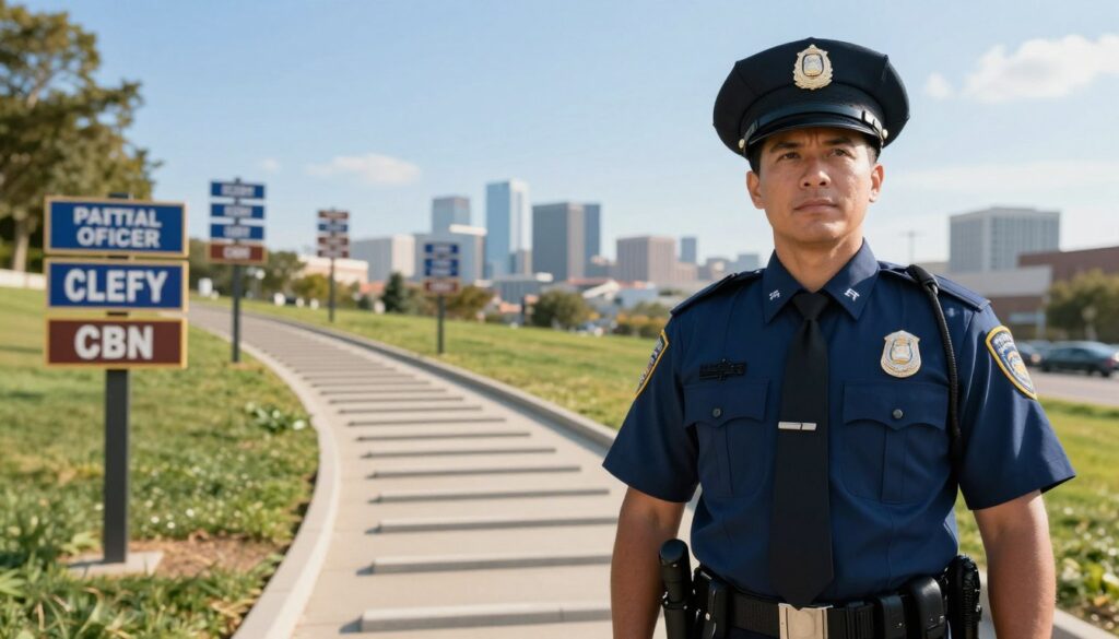 A professional police officer standing on a pathway symbolizing a career advancement ladder, dressed in a crisp blue uniform with a badge visible. In the foreground, focus on the officer's confident expression, depicting determination and ambition. The middle ground features a winding path lined with signs indicating various ranks, such as patrol officer, sergeant, lieutenant, and captain, each represented by visually distinct markers. In the background, a city skyline under a clear blue sky evokes a sense of community and duty. Soft, natural lighting highlights the scene, casting warm tones that create an inspiring atmosphere. Capture this moment from a slightly elevated angle to emphasize the progression toward a brighter future in law enforcement.