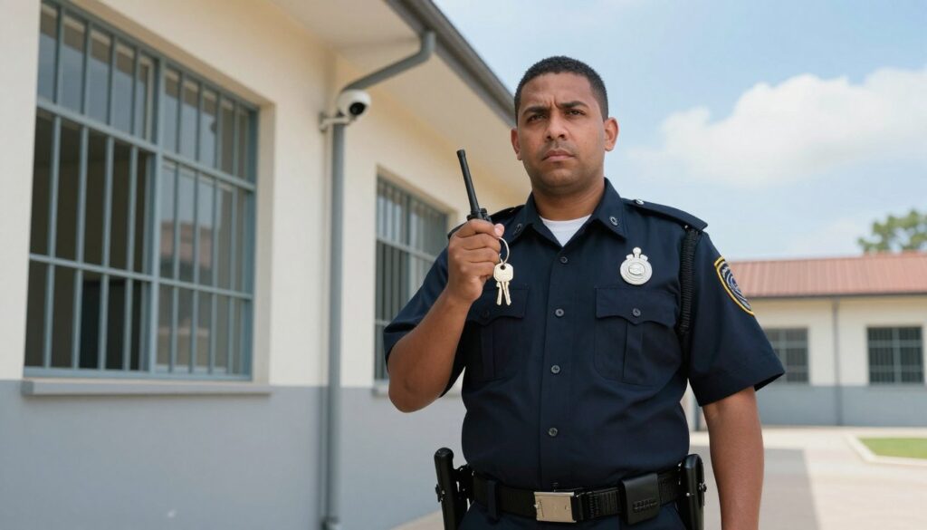 A professional prison officer in uniform stands confidently in the foreground, exuding authority and focus. The officer is depicted with a serious expression, holding a set of keys and a radio, symbolizing their daily responsibilities. In the middle ground, a well-maintained prison environment is visible, including barred windows and security cameras, suggesting a secure facility. The background features a clear blue sky and prison yard, hinting at both confinement and safety. The scene is illuminated by soft, natural lighting, creating a calm yet serious atmosphere. The image is captured from a slightly low angle to emphasize the officer's stature and the important role they play in maintaining order and safety within the prison system.