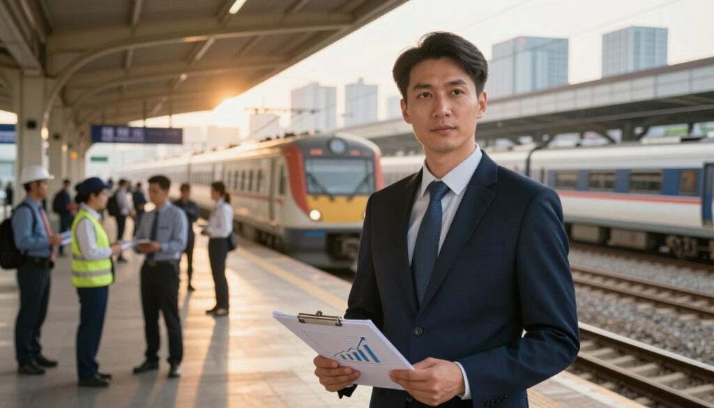 A professional railway manager stands confidently in an urban train station, dressed in a smart business suit, symbolizing career advancement in the railway industry. In the foreground, detailed elements include a close-up of the manager's focused expression, holding a clipboard with charts illustrating upward progress. The middle ground showcases a bustling station with trains arriving and departing, alongside diverse teams of railway workers in uniforms, reflecting teamwork and professionalism. The background features a modern city skyline, bathed in warm, golden hour lighting that conveys optimism and growth. The image captures a dynamic, inspiring atmosphere, emphasizing progression and the vibrant energy of the railway sector. Use a wide-angle lens to enhance depth and focus.