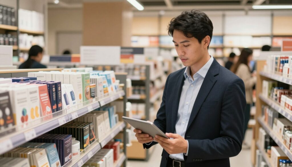 A professional retail manager in a modern store environment, wearing smart business attire, stands confidently at the forefront, holding a tablet and reviewing sales data. The manager has a focused expression, showcasing a blend of authority and approachability. In the middle ground, shelves are filled with various products, neatly organized, symbolizing an efficient retail space. Soft, warm lighting illuminates the scene, creating an inviting atmosphere that conveys success. In the background, a busy shopping scene with customers browsing, enhancing the sense of dynamic retail activity. The angle captures a slightly elevated view, giving a comprehensive perspective of the store, focusing on the manager's role in driving store performance. A professional retail manager in a modern store environment, wearing smart business attire, stands confidently at the forefront, holding a tablet and reviewing sales data. The manager has a focused expression, showcasing a blend of authority and approachability. In the middle ground, shelves are filled with various products, neatly organized, symbolizing an efficient retail space. Soft, warm lighting illuminates the scene, creating an inviting atmosphere that conveys success. In the background, a busy shopping scene with customers browsing, enhancing the sense of dynamic retail activity. The angle captures a slightly elevated view, giving a comprehensive perspective of the store, focusing on the manager's role in driving store performance.