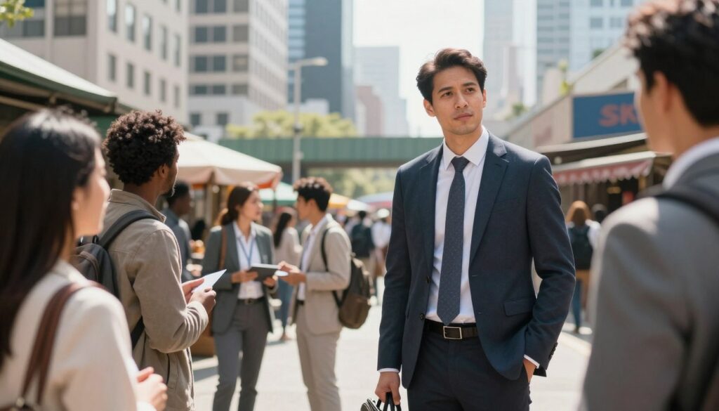 A professional salesperson standing in a bustling urban environment, wearing smart business attire, holding a briefcase and engaging with clients. In the foreground, display the salesperson with a focused expression, showcasing determination and confidence. The middle ground features a diverse group of people interacting in a marketplace or business district, representing various localities and cultures, emphasizing the impact of location on income. The background includes a city skyline with various business complexes and shops, hinting at economic activity. The lighting is bright and inviting, simulating midday sunlight, with soft shadows creating a dynamic and engaging atmosphere. The angle is slightly low, looking up at the salesperson, highlighting their importance in the fast-paced environment.