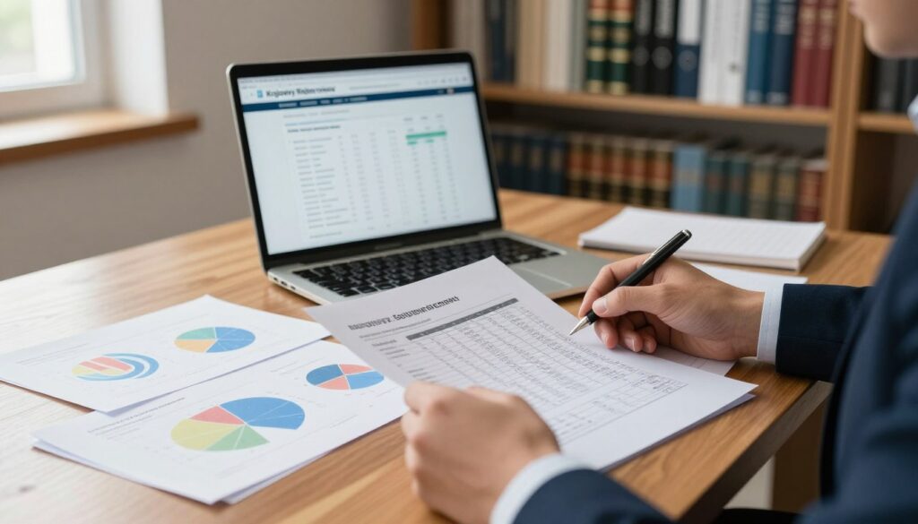 A professional setting depicting a financial report being reviewed in an office environment. In the foreground, a polished wooden desk is cluttered with various financial documents, including colorful charts, graphs, and a detailed balance sheet. A pair of hands, dressed in formal business attire, is diligently examining a specific document. In the middle ground, a laptop displays the Krajowy Rejestr Sądowy website, showcasing financial records and statistics. The background reveals bookshelves filled with legal and financial literature, with soft, natural light streaming through a window, creating a warm, focused atmosphere. The overall mood is one of professionalism and diligence, embodying the critical nature of accessing financial documents. A professional setting depicting a financial report being reviewed in an office environment. In the foreground, a polished wooden desk is cluttered with various financial documents, including colorful charts, graphs, and a detailed balance sheet. A pair of hands, dressed in formal business attire, is diligently examining a specific document. In the middle ground, a laptop displays the Krajowy Rejestr Sądowy website, showcasing financial records and statistics. The background reveals bookshelves filled with legal and financial literature, with soft, natural light streaming through a window, creating a warm, focused atmosphere. The overall mood is one of professionalism and diligence, embodying the critical nature of accessing financial documents.