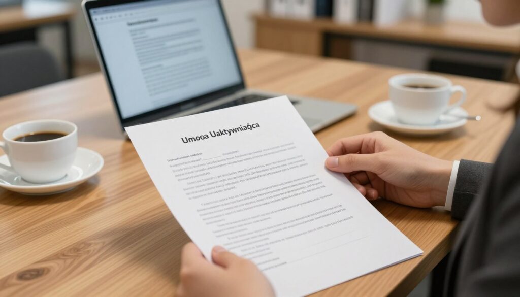 A professional setting featuring a clear, detailed close-up of a contract titled "Umowa Uaktywniająca" placed neatly on a wooden desk. The foreground features a pair of hands in professional business attire, carefully reviewing the document. In the middle ground, a laptop displays related information, alongside a cup of coffee, symbolizing a working environment. The background shows a softly lit office space with warm tones, conveying a focused yet relaxed atmosphere. The lighting should be bright yet soft, creating a welcoming ambiance that emphasizes the importance of the contract in a legal employment context. The image should evoke a sense of professionalism and clarity, relevant to employment and legal agreements.