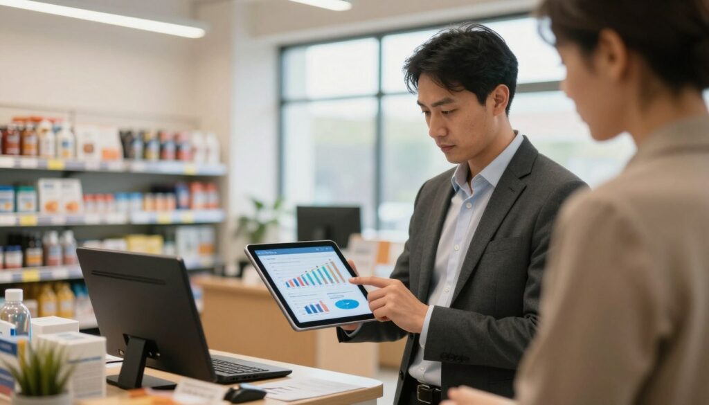 A professional setting featuring a store manager analyzing various factors affecting salary in a retail environment. In the foreground, a well-dressed manager is examining a digital tablet, displaying charts and graphs related to wages and performance bonuses. The middle ground showcases shelves stocked with products, emphasizing the retail theme, while behind the manager, there's a bright, well-lit office area with a large window casting natural light. The atmosphere is focused and analytical, capturing the essence of decision-making in a retail context. Use warm lighting to create an inviting yet professional mood, with a slight depth of field effect to enhance the focus on the manager and the tablet. A professional setting featuring a store manager analyzing various factors affecting salary in a retail environment. In the foreground, a well-dressed manager is examining a digital tablet, displaying charts and graphs related to wages and performance bonuses. The middle ground showcases shelves stocked with products, emphasizing the retail theme, while behind the manager, there's a bright, well-lit office area with a large window casting natural light. The atmosphere is focused and analytical, capturing the essence of decision-making in a retail context. Use warm lighting to create an inviting yet professional mood, with a slight depth of field effect to enhance the focus on the manager and the tablet.