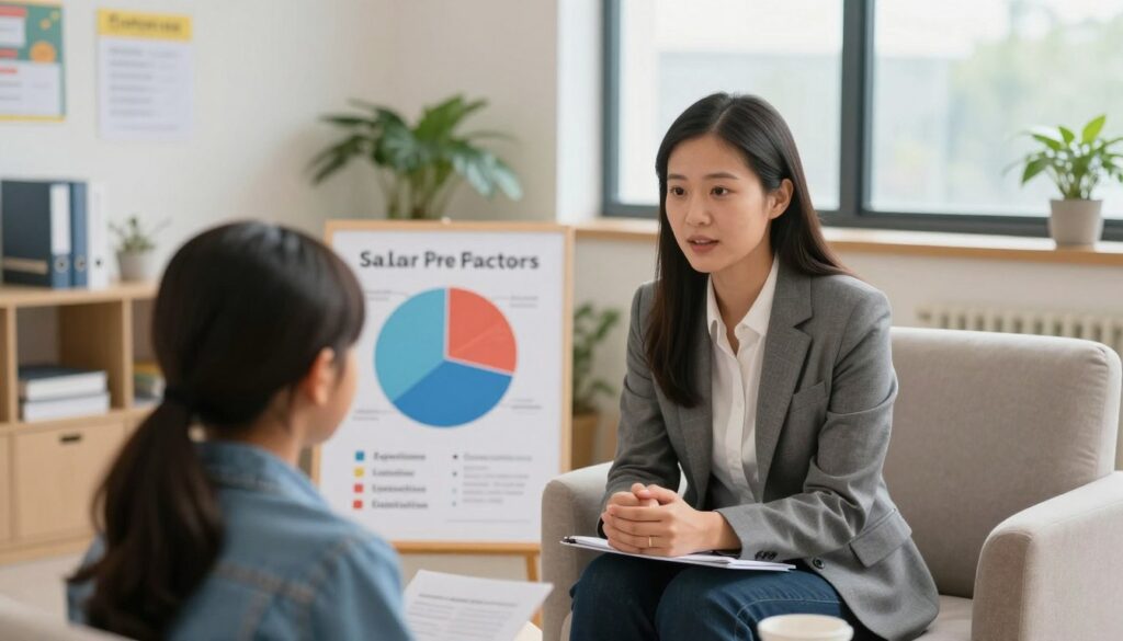 A professional setting showcasing a special educator in a school or counseling office environment, surrounded by visual representations of salary factors. In the foreground, a focused educator in professional attire interacts with a student, displaying compassion and engagement. In the middle, a pie chart or infographic depicting key salary components like experience, location, and qualifications, subtly incorporated into the scene. In the background, a well-organized office space with educational materials, books, and a large window allowing natural light to flood the room. The atmosphere is warm and inviting, symbolizing growth and learning. Soft lighting enhances the scene, creating a sense of professionalism and dedication. The angle captures the interaction from a slightly elevated perspective, emphasizing collaboration and support in education.