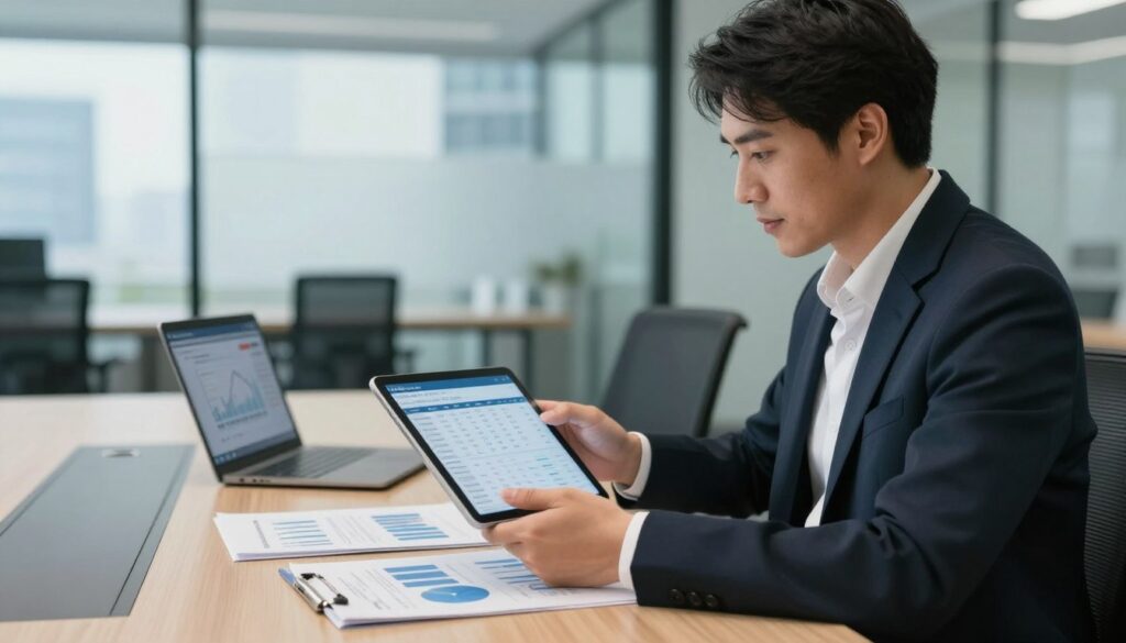 A professional setting showcasing the analysis of a company’s payment reliability. In the foreground, a confident business analyst, dressed in formal attire, examines a digital tablet displaying financial data and debtor registry information. In the middle ground, a modern conference table with financial documents, charts, and a laptop, illustrating data analysis in progress. The background features an office environment with glass walls and cityscape views, symbolizing transparency and oversight. Soft, natural lighting filters through the windows, creating a focused yet approachable atmosphere. The image conveys professionalism, diligence, and a commitment to financial integrity, without any text or distractions.