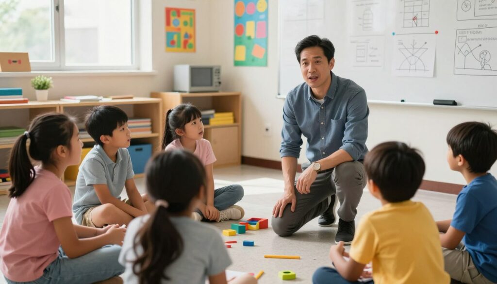 A professional special education teacher working in a classroom setting, engaged in an interactive session with students. In the foreground, the teacher, a middle-aged man in smart casual attire, is kneeling to speak with a group of diverse children, who are focused and participating. The middle ground shows classroom elements such as colorful educational posters, a whiteboard filled with diagrams, and special learning tools scattered about. In the background, large windows allow natural light to pour in, creating a warm and inviting atmosphere. The scene conveys a sense of collaboration and support, highlighting the teacher's role in fostering an inclusive environment. The image should capture a moment of genuine engagement, with soft, natural lighting and a slightly elevated angle to encompass the entire scene.