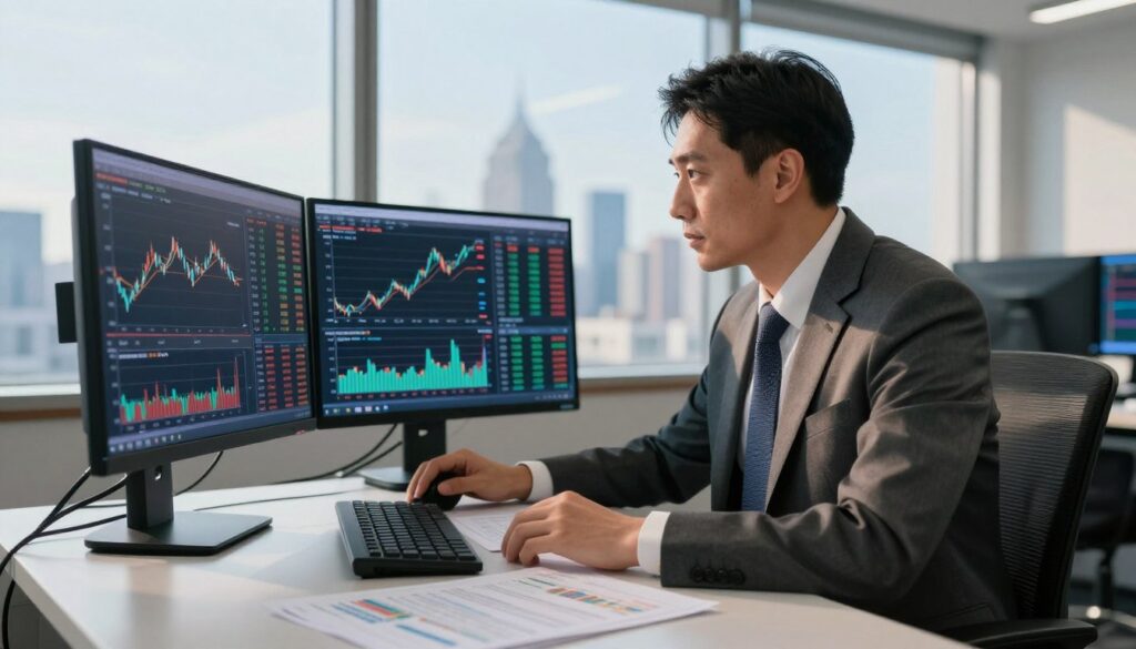 A professional stockbroker in a modern office setting, wearing a tailored suit and a tie, intently analyzing financial data on multiple screens filled with stock charts and graphs. Foreground features a sleek desk cluttered with financial reports and trade strategies. In the middle ground, the stockbroker is focused on a screen displaying rising stock prices, with a city skyline visible through large windows in the background, under a bright, clear sky. Warm, natural light fills the room, highlighting the serious and ambitious atmosphere of the financial market. The overall mood is one of determination and professionalism, reflecting the dynamic world of finance and investment.