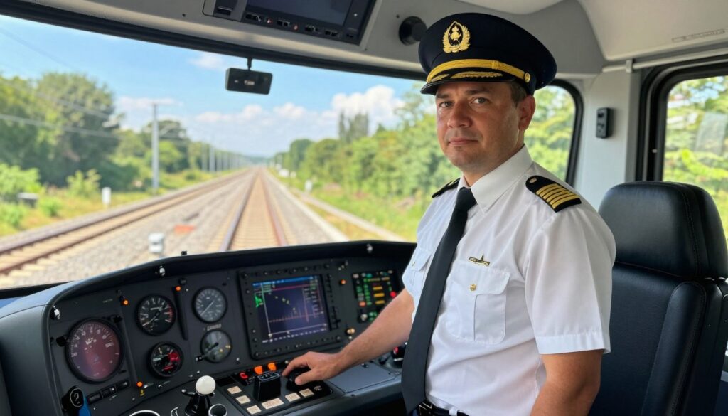A professional train driver, known as a "maszynista," standing confidently in a modern train cabin, wearing a crisp uniform with a cap, embodying authority and expertise. In the foreground, focus on the driver's focused expression and hands on the controls, with intricate train navigation instruments visible. In the middle ground, showcase the cabin's interior detailing like gauges and screens highlighting the advanced technology used in railway operation. The background displays a panoramic view of a railway track stretching into the distance, framed by lush greenery and a clear blue sky. Natural sunlight streams in through the windows, creating a bright and inviting atmosphere. The overall mood conveys professionalism, dedication, and the journey of education and skill acquisition in the railway profession. A professional train driver, known as a "maszynista," standing confidently in a modern train cabin, wearing a crisp uniform with a cap, embodying authority and expertise. In the foreground, focus on the driver's focused expression and hands on the controls, with intricate train navigation instruments visible. In the middle ground, showcase the cabin's interior detailing like gauges and screens highlighting the advanced technology used in railway operation. The background displays a panoramic view of a railway track stretching into the distance, framed by lush greenery and a clear blue sky. Natural sunlight streams in through the windows, creating a bright and inviting atmosphere. The overall mood conveys professionalism, dedication, and the journey of education and skill acquisition in the railway profession.