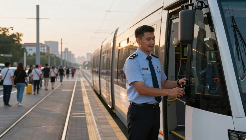 A professional tram conductor stands on an elevated platform next to a modern tram, dressed in a smart uniform, showcasing a sense of duty and focus. In the foreground, the conductor inspects the tram's controls, with a slight smile reflecting job satisfaction. The middle ground features a busy urban setting with a tram line and passengers waiting along the platform, capturing the vibrant atmosphere of daily commuters. The background includes a city skyline bathed in soft, warm lighting from a late afternoon sun, casting long shadows and adding depth to the scene. The image conveys a mood of productivity and pride in one's work, emphasizing the significance of shift allowances and bonuses within the context of a tram operator’s career.