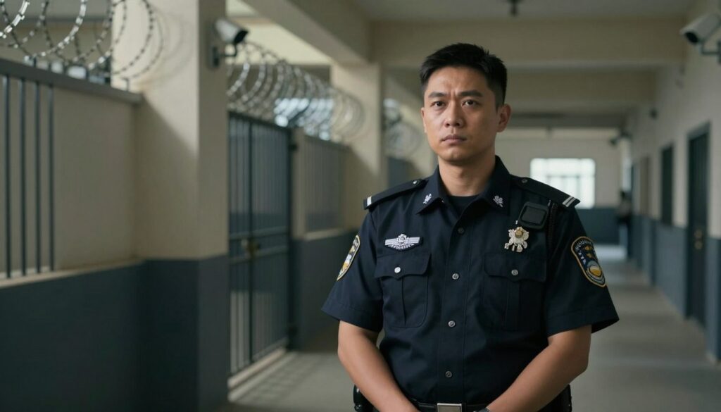 A professional uniformed correctional officer stands confidently in a prison environment, showcasing the role of the prison service. In the foreground, the officer wears a neatly pressed dark blue uniform adorned with official insignia, embodying authority and commitment. The middle ground features prison facilities with high, imposing walls, security cameras, and barbed wire, emphasizing the harsh environment. In the background, a dimly lit corridor extends into shadow, evoking a sense of seriousness and responsibility. Soft, diffused lighting casts a slightly dramatic tone, enhancing the focus on the officer's determined expression. The atmosphere is tense yet professional, reflecting the complexities of a correctional officer's career and the various factors influencing their salary.
