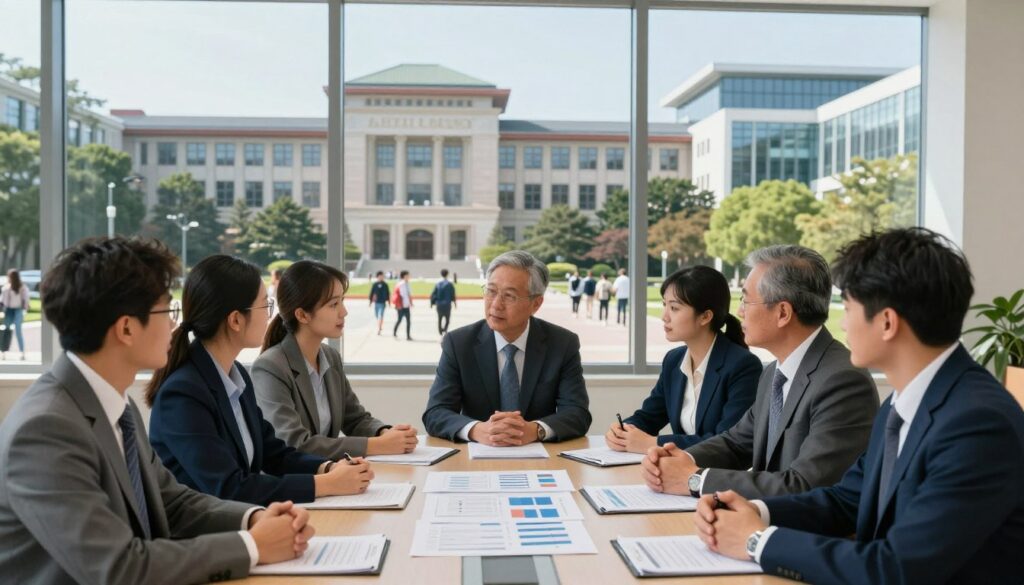 A professional university setting showcasing the differences in salaries between public and private institutions. In the foreground, a diverse group of university deans, wearing smart business attire, are engaged in a discussion around a conference table filled with documents and graphs that illustrate salary data. The middle ground features a large window that provides a view of a bustling campus, with students and faculty outside, reflecting the vibrant atmosphere of academic life. The lighting is bright and natural, creating an inviting and inspirational ambiance. In the background, the imposing architecture of a distinguished public university contrasts with a sleek, modern private institution, symbolizing the varying environments and financial landscapes. The overall mood is one of professionalism, collaboration, and academic excellence.