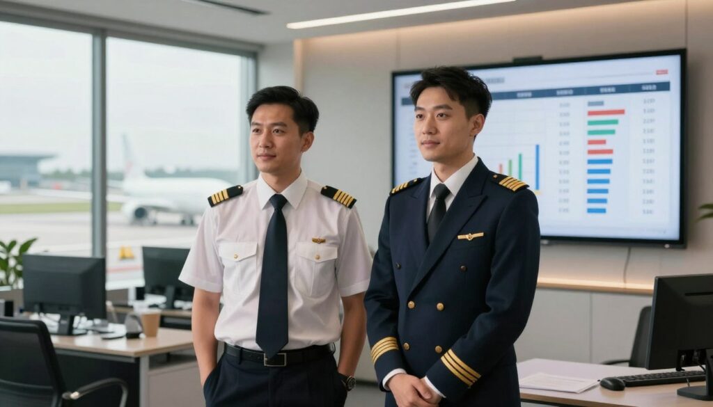 A professional yet engaging scene illustrating the salary structure of airline pilots, featuring a captain and first officer in smart business attire, standing side by side. The foreground shows a detailed view of their uniforms, highlighting badges and insignias. In the middle ground, create a sleek, modern office environment with a large screen displaying salary graphs and charts related to pilot earnings, emphasizing a sense of professionalism. The background features a subtle hint of an airport runway through large windows, suggesting the aviation context. Soft, natural lighting coming from the windows creates a warm atmosphere, while the composition is captured with a slight wide-angle lens to include all elements harmoniously. The mood is serious yet optimistic, conveying the importance of understanding pilot remuneration.